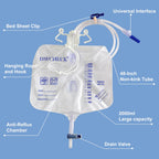 DWCHECK 5 Pack Urinary Drainage Bag with Anti-Reflux Chamber,2000mL Urine Bags with 48" Tube Drainage,Splash-Resistant Drain Spout,Clips and Hanging Hook,Disposable Urine Bags for Men