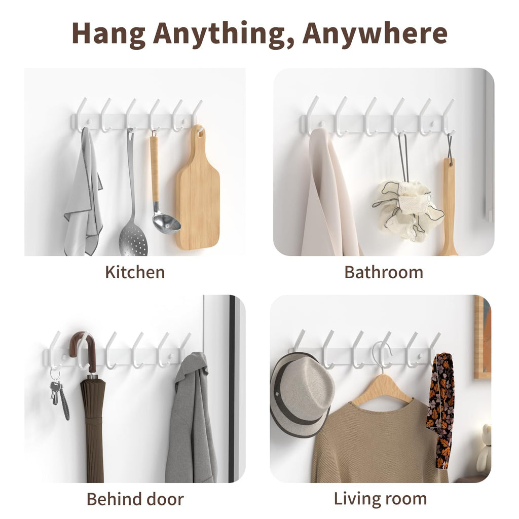 GWAAZXGZ Coat Rack Wall Mount Hooks - 15 Inch Matte White Metal 6-Hook Organizer Wall Mounted, Modern Kids Room, Entryway & Bathroom Hanger for Beach Towels, Coats, Purses, Bags (2 Pack)