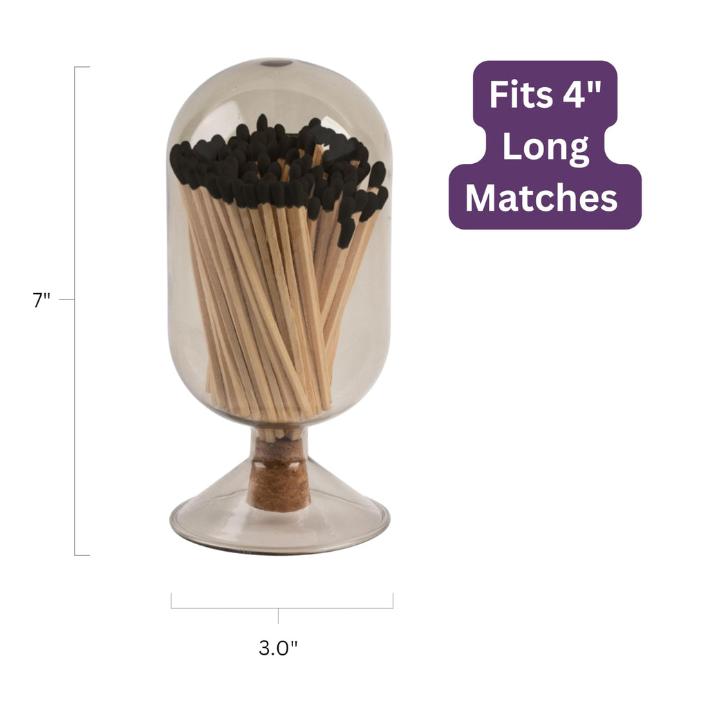 MILAVERA Premium Glass Match Cloche - Matches in a Jar with Striker. Long Matches for Candles, Fireplace, Bath Salts, Accessories. Includes Bottle, Attached Match Striker and Safety Matches (Black)