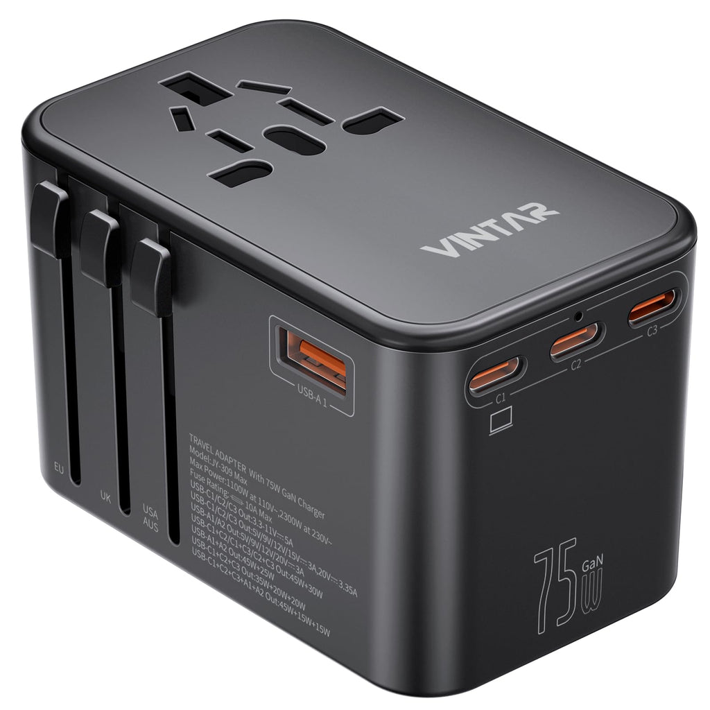 Universal Travel Adapter, VINTAR 75W GaN International Power Adapter with 3 USB C PD and 2 USB A QC, All in One Travel Essentials for UK/EU/USA/AUS, Travel Adapter Worldwide for Laptops Tablets Phones