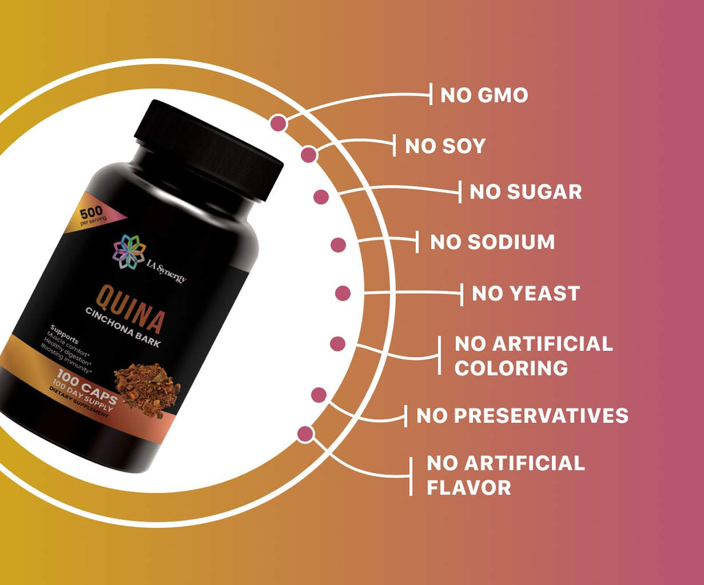 Quinine Quina Capsules 500mg, Cinchona Red Bark Natural Herbal Supplement, Leg Cramp Relief Tablets, Cramp Muscle Defense and Overall Digestive Health, 100 Pills