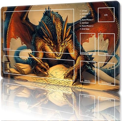 MTG Playmat with Zones Magic Card Playmat Game Mat,TCG & CCG Card Games Mat with Free Storage Bags Size 24 x 14 Inches (with Zones,Dragon)
