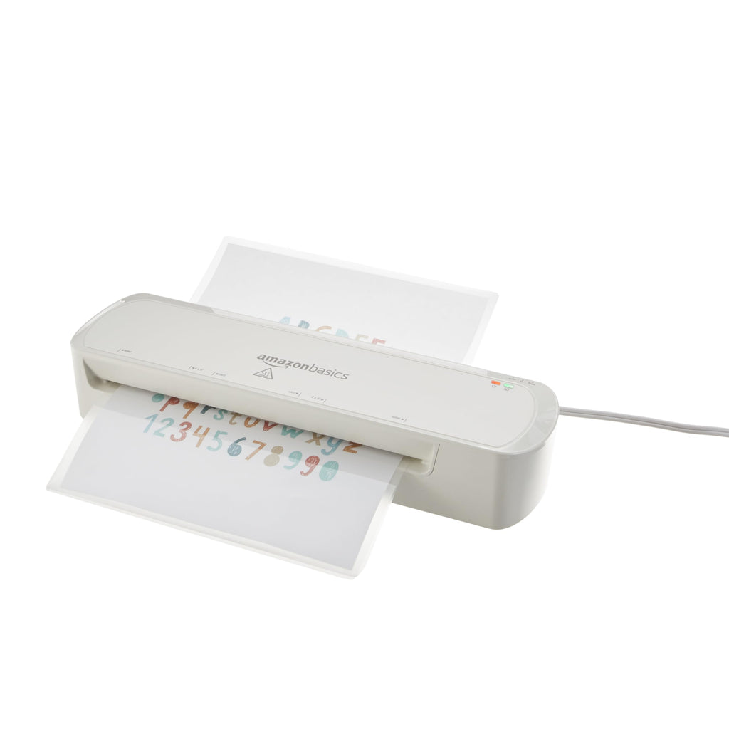 Amazon Basics 9-Inch Thermal Laminator Machine with Quick Warm-Up, 2 Heat Settings, Jam Release for Documents and Photos, White