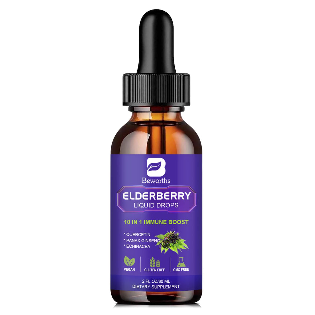 B BEWORTHS 2 Pack Elderberry Syrup, Black Elderberry Drops with Quercetin, Panax Ginseng, Vitamin C and Zinc, Sambucus Elderberry Syrup Liquid for Immune Support, Vegan, Non-GMO & Gluten Free