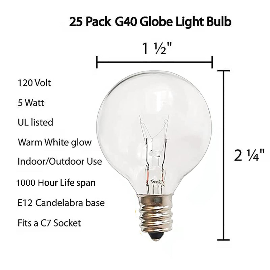 CHYParty G40 Replacement Bulbs Outdoor, 120V 5W Clear, E12 Base, 25PK