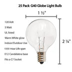 CHYParty G40 Replacement Bulbs Outdoor, 120V 5W Clear, E12 Base, 25PK