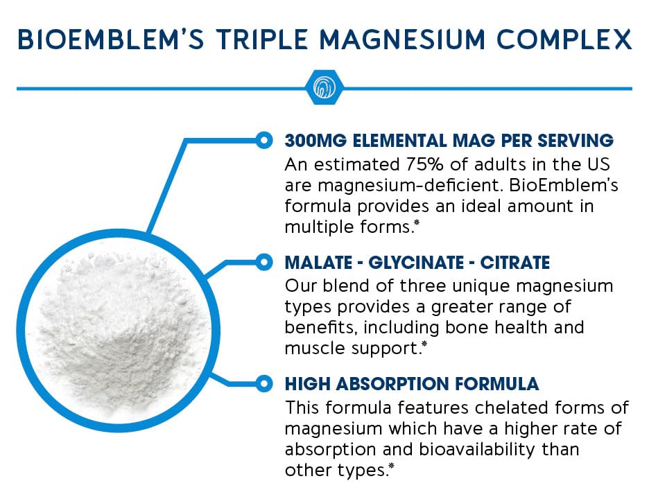 BioEmblem Triple Magnesium Complex | 300mg of Magnesium Glycinate, Malate, & Citrate for Muscles, Nerves, & Energy | High Absorption | Vegan, Non-GMO (180 Capsules)
