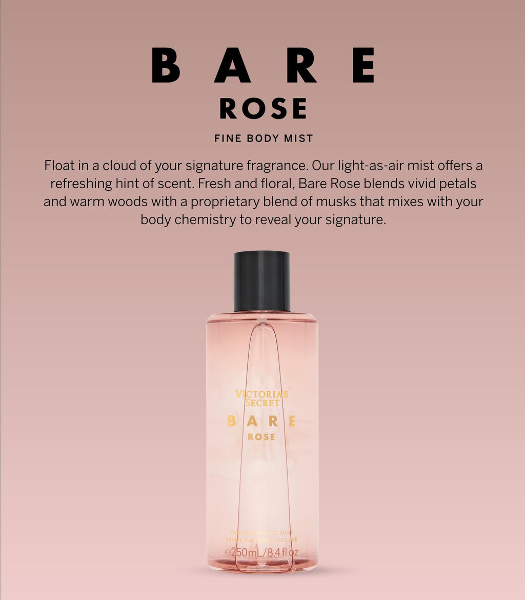Victoria's Secret Bare Rose Fragrance Mist, Notes of Pear Skin, Rosa Centifolia & Sheer Woods, Body Spray for Women (8.4 oz)