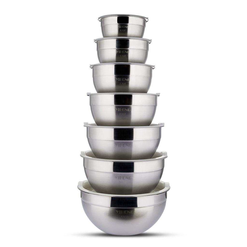YIHONG Stainless Steel Mixing Bowls Set, 7 Piece Metal Mixing Bowls with Lids Set for Kitchen, Nesting Steel Mixing Bowls Ideal for Baking, Prepping, Cooking, and Serving Food(White)