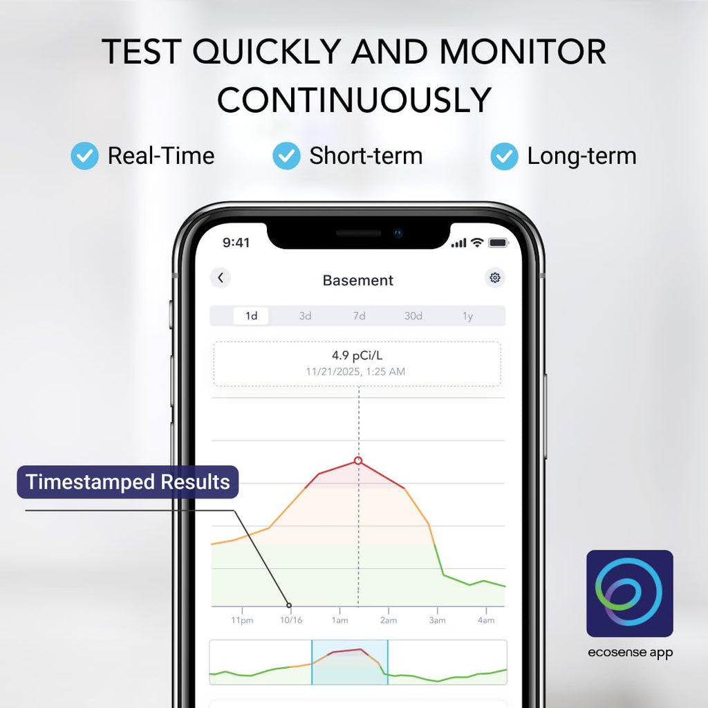 Ecosense EcoQube Flex Smart Radon Detector - Battery Powered Continuous Radon Monitor for Home Use with Always-On Display, Bluetooth App, Daily, Weekly, Monthly & Yearly Fluctuations on App