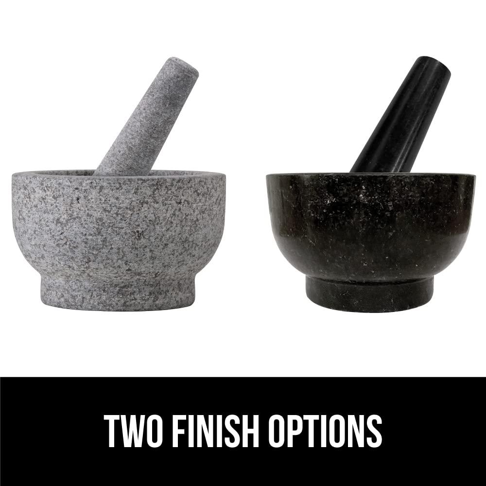GORILLA GRIP 100% Natural Granite Stone Mortar and Pestle Set, Non-Scratch Base, Heavy Duty Polished Molcajete Guacamole Salsa Bowl, Grind Seeds, Herbs, Pills, Kitchen Lab Muddler, 1.5 Cup Black