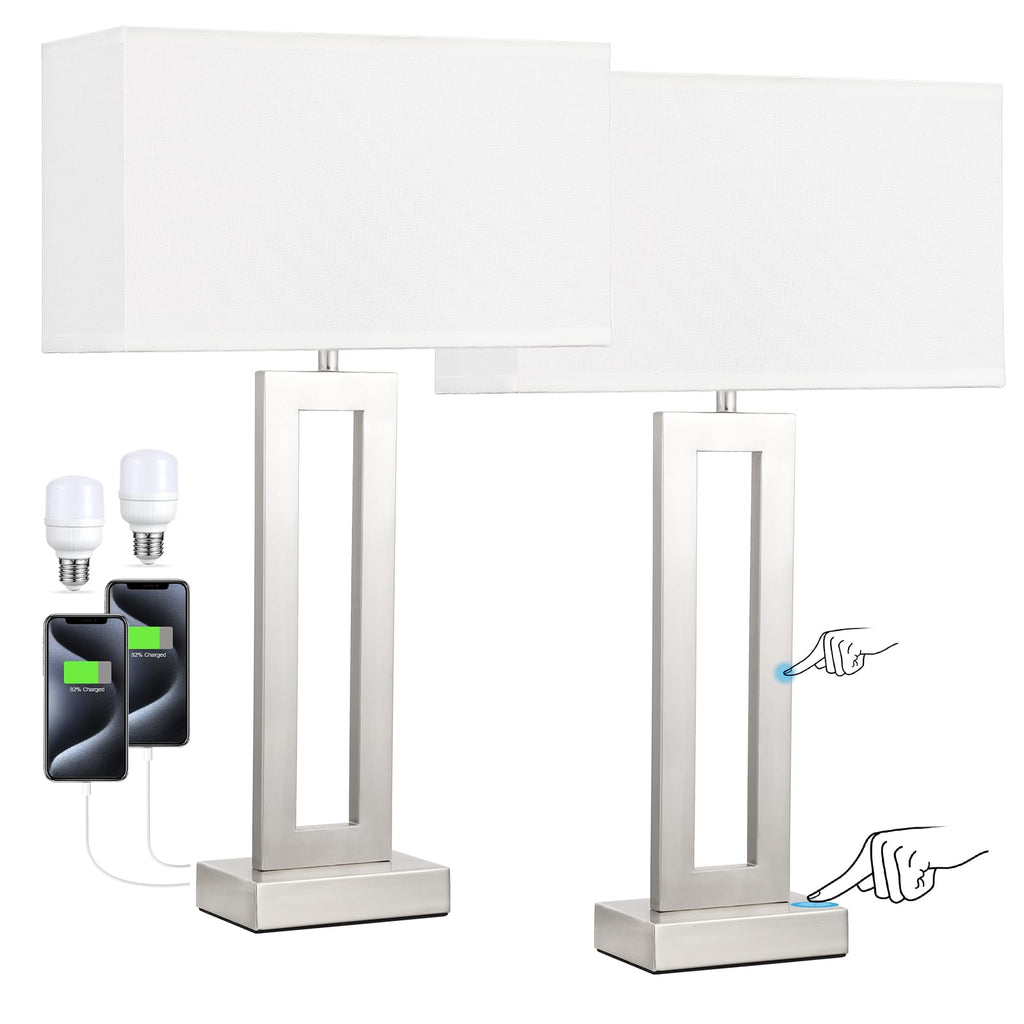 Seealle 22" Tall Bedroom Lamps for Living Room - Touch Brushed Nickel Bedside Lamps with USB C+A, 3 Way Dimmable Lamp for Nightstand, Modern Night Stands Lamps for End Tables(White&Silver)