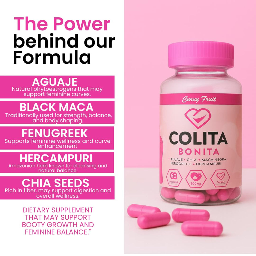 Colita Bonita – Aguaje, Black Maca & Fenugreek Pills – Natural Booty Growth & Hip Shaping Supplement – Supports Curves, Hormonal Balance & Waist Definition – 60 Capsules (30-Day Supply)