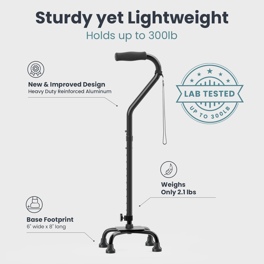 PELEGON Quad Cane (300 lb) - Adjustable Walking Cane with A Large 4 Pronged Base for Extra Balance & Stability, Walking Canes for Seniors, Walking Cane for Men & Women, Walking Sticks (Black)