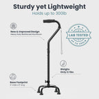 PELEGON Quad Cane (300 lb) - Adjustable Walking Cane with A Large 4 Pronged Base for Extra Balance & Stability, Walking Canes for Seniors, Walking Cane for Men & Women, Walking Sticks (Black)