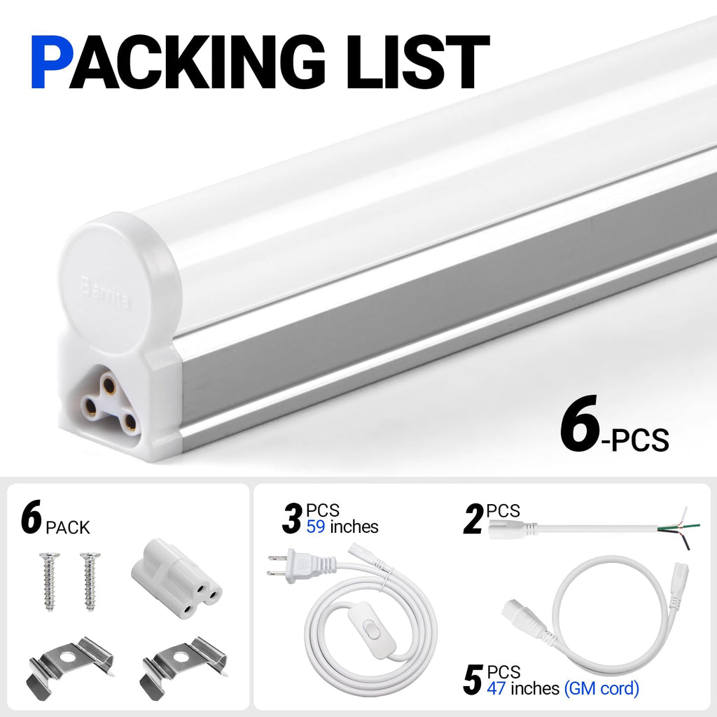 Barrina T5 3FT LED Shop Light, 1900lm, 5000K Daylight White, 16W Utility Light Fixture, Commercial Bay Light for Workshop Garage, Corded Electric with ON/Off Switch, 6 Packs