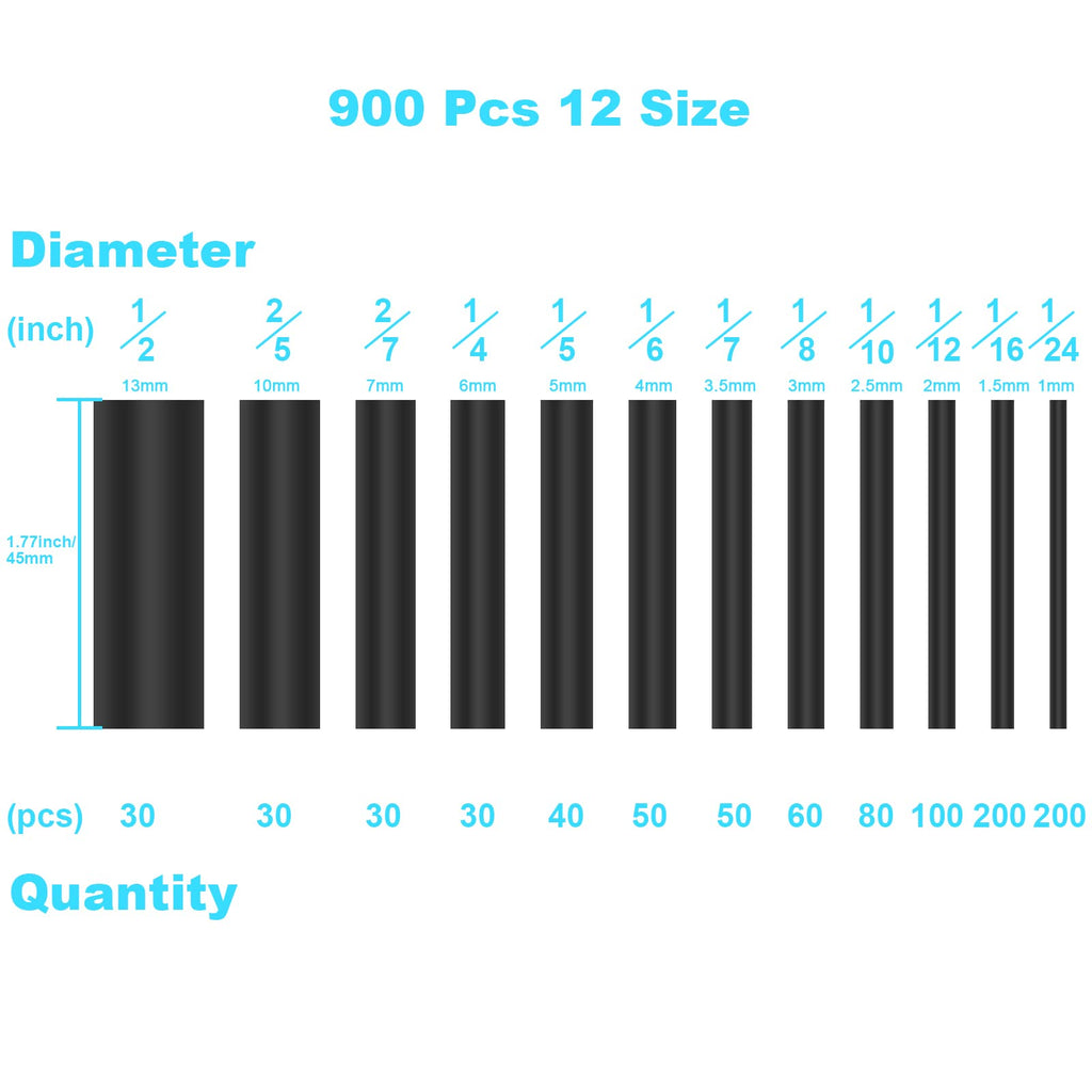 900Pcs Wire Heat Shrink Tubing Kit, Industrial Heat-Shrink Tubing for Wires, 2:1 Marine Grade Heat Shrink Wrap, Premium Large Electrical Waterproof Heat Shrink Tape (Black 12 Sizes) DHOOZ