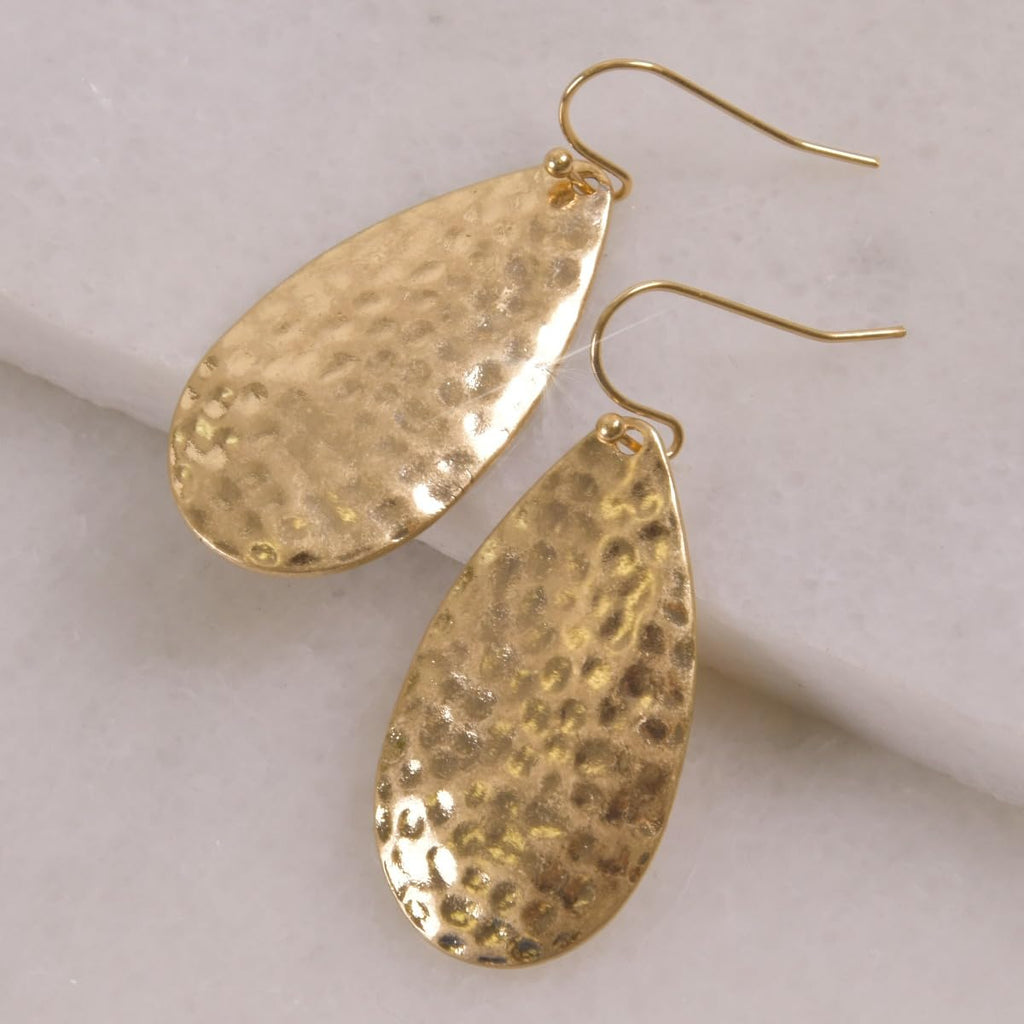 Hammered Teardrop Earrings for Women, Gold Tone Statement Tear Drop Dangles