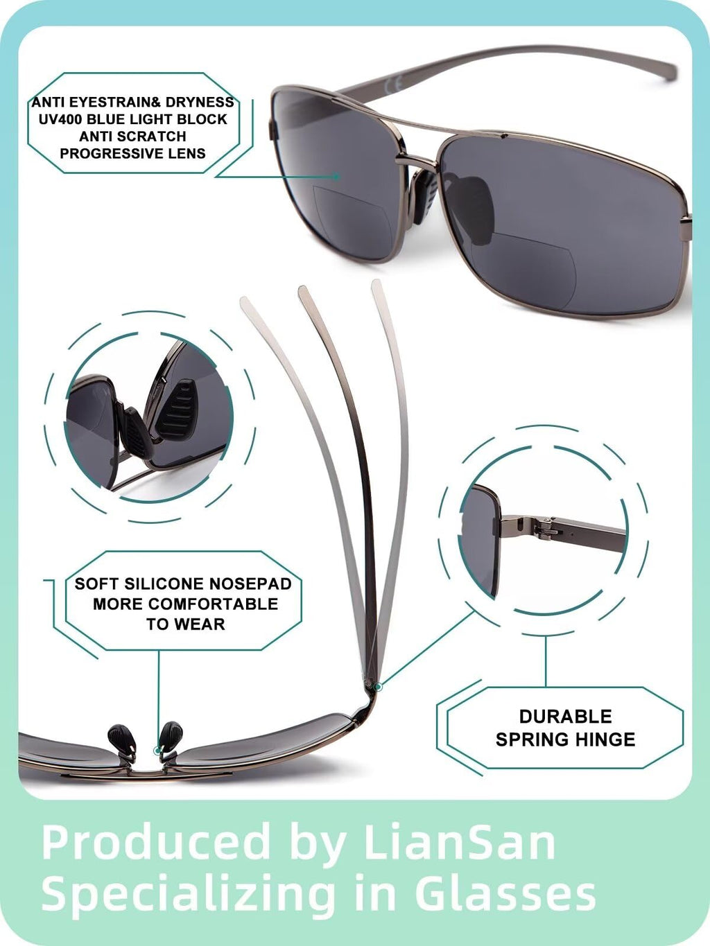 LianSan 2 Packs Premium Metal Bifocal Sunglasses for Men Women Retro Top Clear Sun Readers with UV Protection(Multicolor,1.75x)