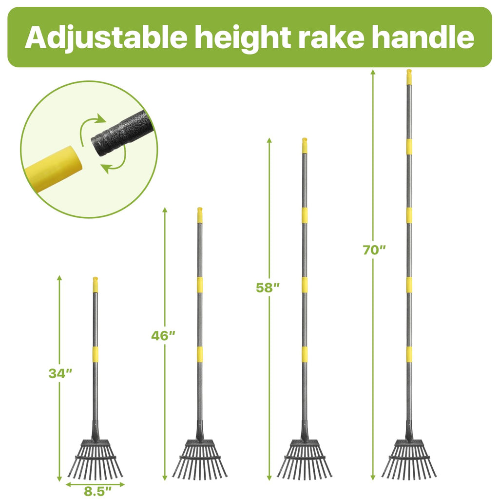 Rake for Leaves, Small Leaf Rake for Garden, 70-inch Adjustable Metal Rakes-Tool with 11 Steel Tines for Gardening, Yard, Shrub, Flower Beds, Lawns