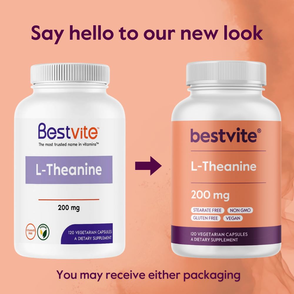 BESTVITE L-Theanine 200mg (360 Vegetarian Capsules) (120 x 3) - No Stearates - Vegan - Non GMO - Gluten Free