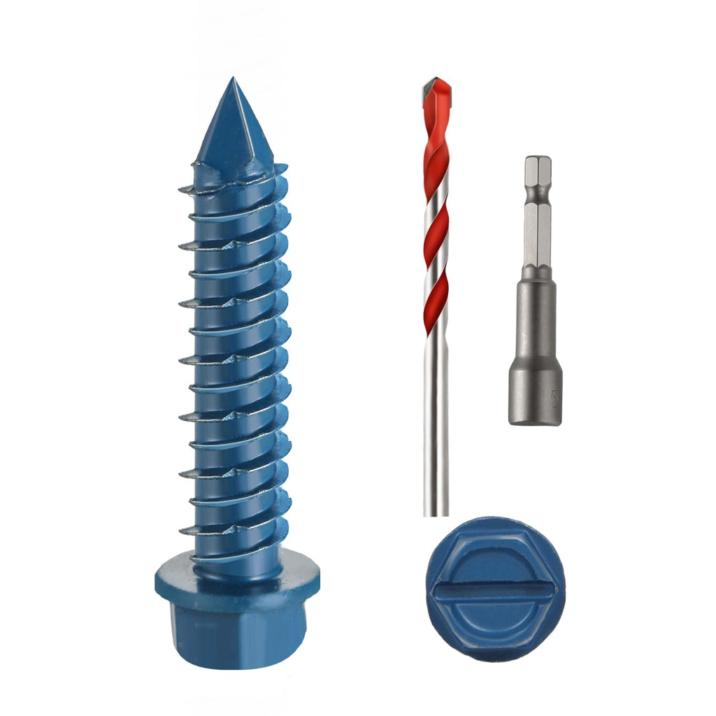 3/16" x 1" Concrete Screws, 100 PCS Blue Hex Washer Head Concrete Screws Anchor Kit with Drill Bit and Hex Bit Socket, for Masonry, Cement, Block, Brick or Stucco