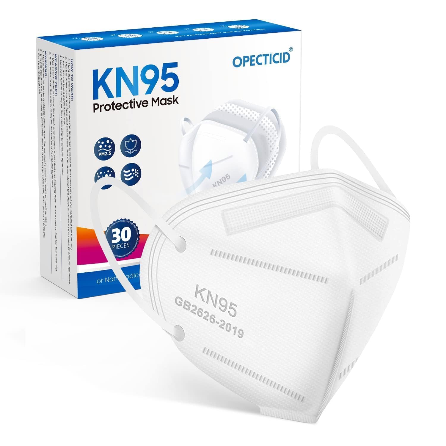 KN95 Face Mask 30 Pack, OPECTICID KN95 Masks White Cup Masks Breathable 5-Layer Filter Efficiency≥95% Against PM2.5 Disposable Certified KN95 Respirator Masks