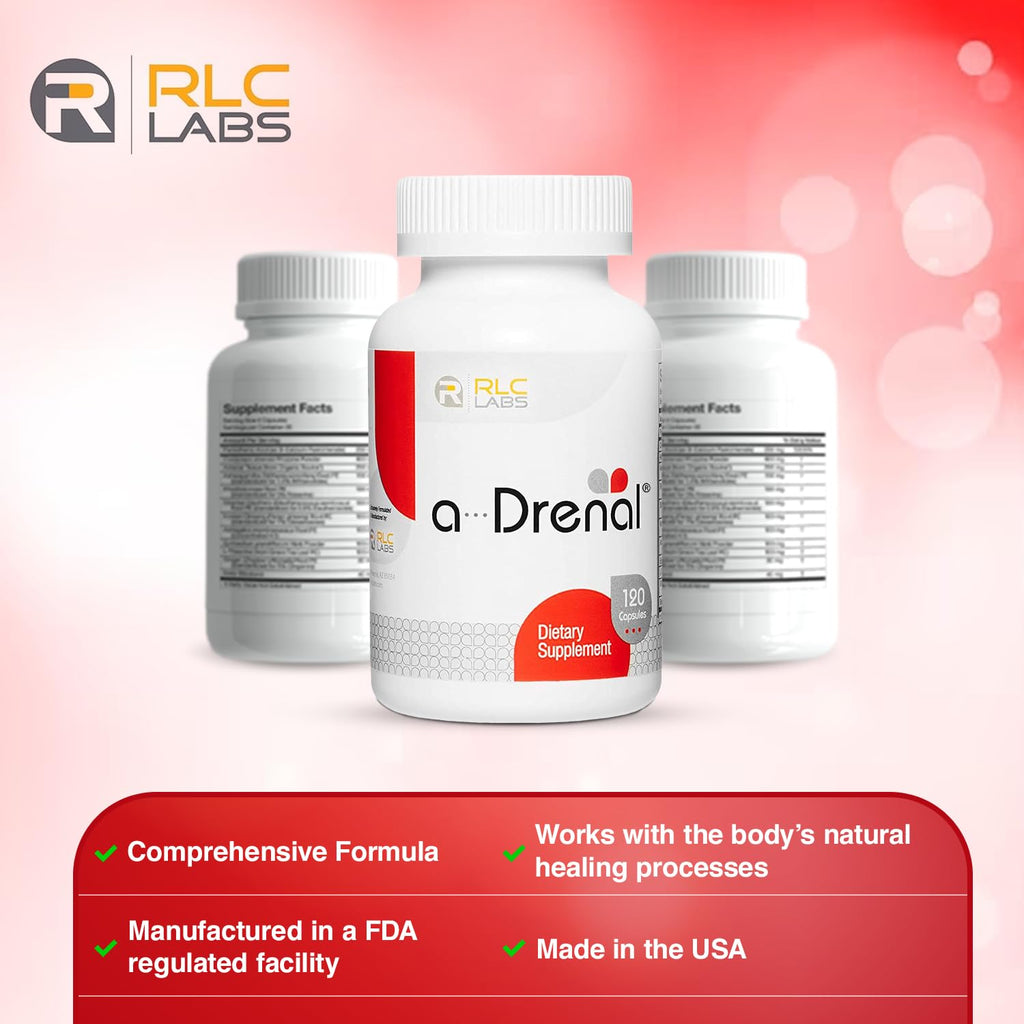 RLC Labs a-Drenal, 120 Capsules - Herbal, Cortisol Supplement with Ashwagandha, Ginger & Rhodiola to Support Balance, Mood, Energy & Vitality - Adrenal Support Formula (1 Month Supply)
