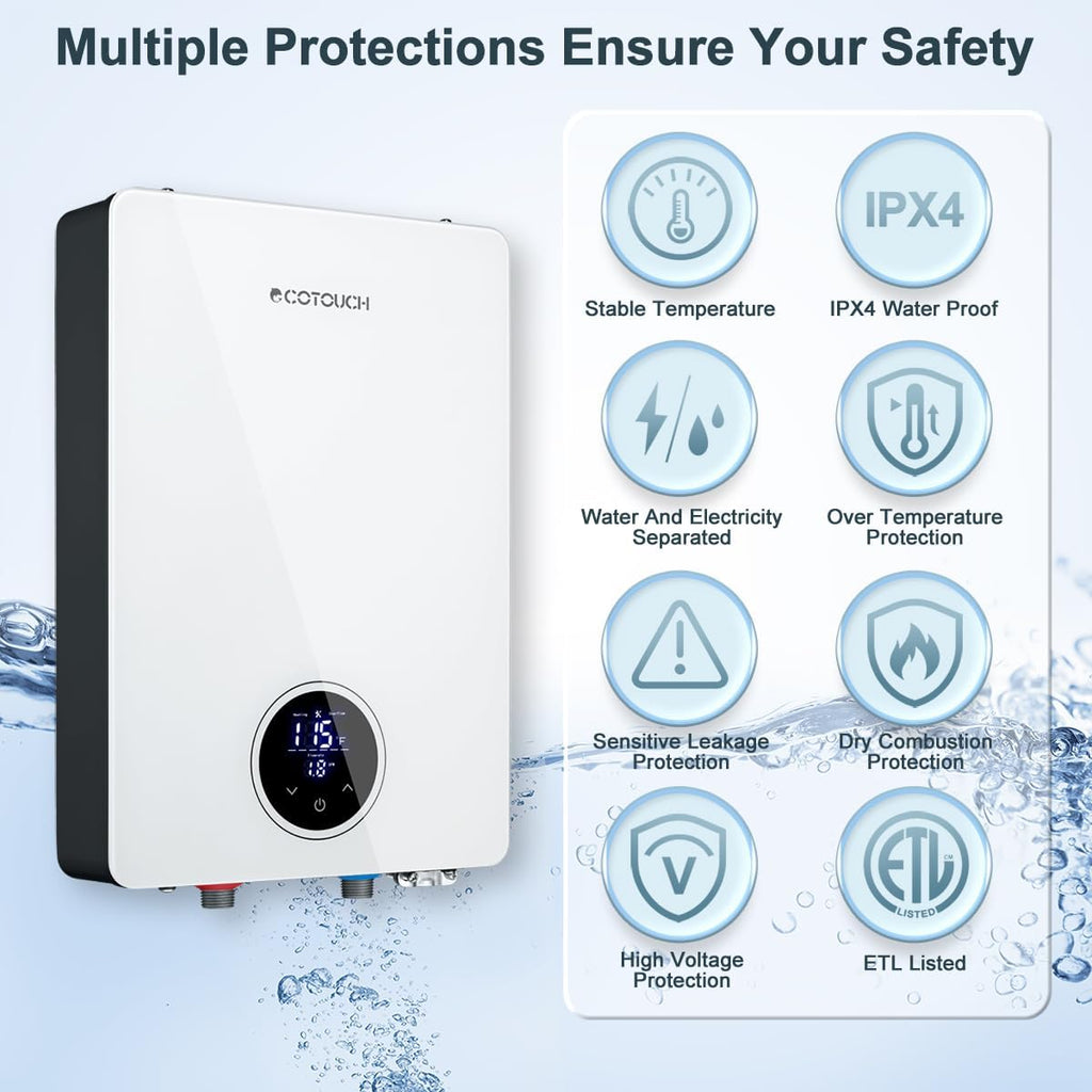 Tankless Water Heater Electric, ECOTOUCH 14kW 240V Instant Water Heater On Demand Hot Water Heaters Electric, Up to 3.38 GPM for 2-3 Point of Use, ETL Certificated, Self-Modulating, ECO140S White