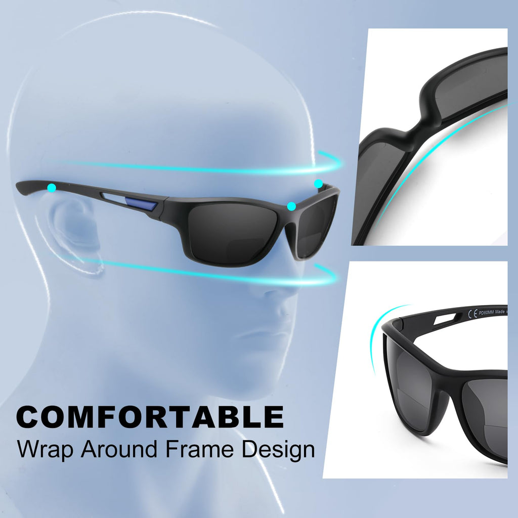 Missfive Premium Bifocal Reading Sunglasses Men Lightweight Wrap Around Design Sun Readers, UV Protection, Sports/Outdoor/Driving, 2.5x