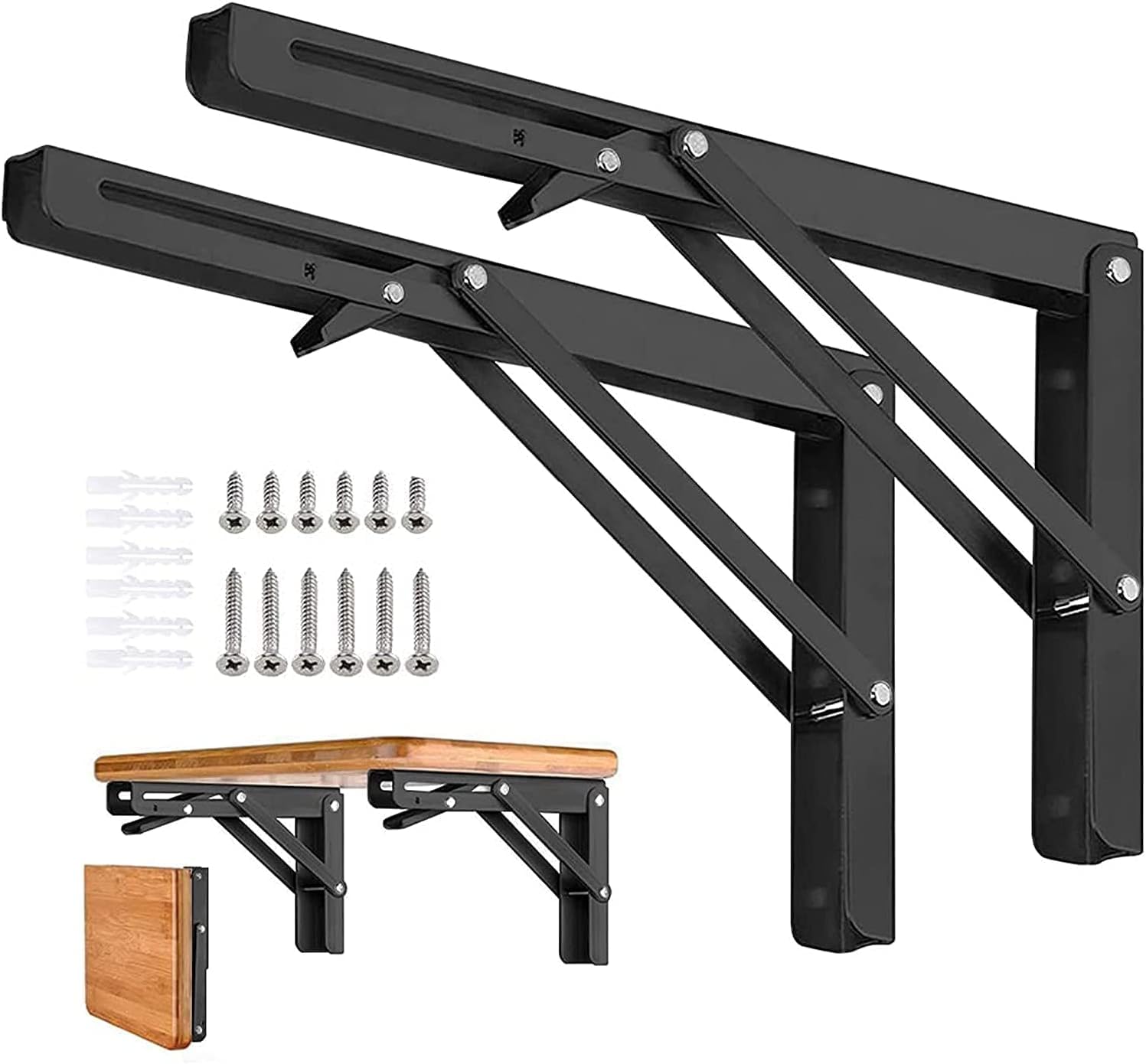 AUTOHJ Folding Shelf Brackets 22 inch 4 Pcs - DIY Wall Mounted Shelf Bracket for Garage Workstation, Stuff Supports, Plant Stand - Heavy Duty Collapsible Shelf Bracket Black