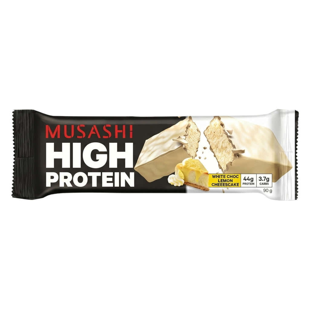 MUSASHI High Protein Bar, 44g Protein, 3.7g Total Sugars, Lemon Cheesecake, Post Workout and Protein Snack On The Go, 12 Pack of 3.2oz (90g) Bars