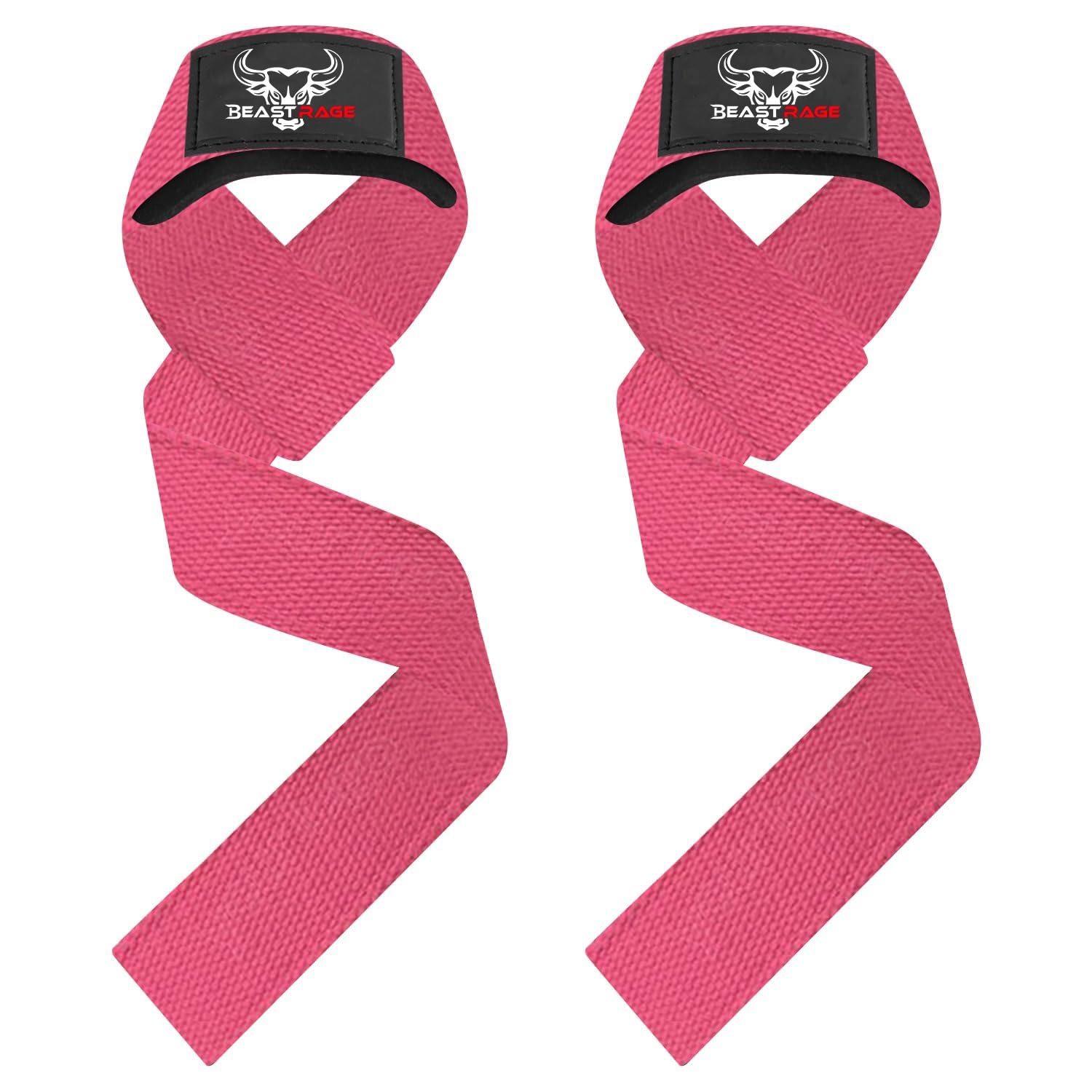 BEAST RAGE Lifting Wrist Straps for Weightlifting, Straps Gym Grip Power Workouts Lifting Straps Padded Cotton Men Women Wrap Lift, Deadlift Bodybuilding Weight Lifting Exercise Straps (Pink)