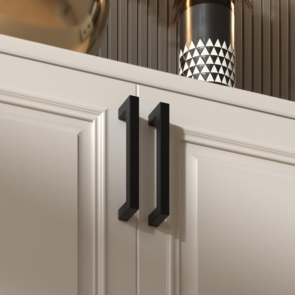 Goldenwarm 10 Pack Black Square Bar Cabinet Pull Drawer Handle Stainless Steel Modern Hardware for Kitchen and Bathroom Cabinets Cupboard,Center to Center 6-1/4in(160mm) Kitchen Cupboard Handles