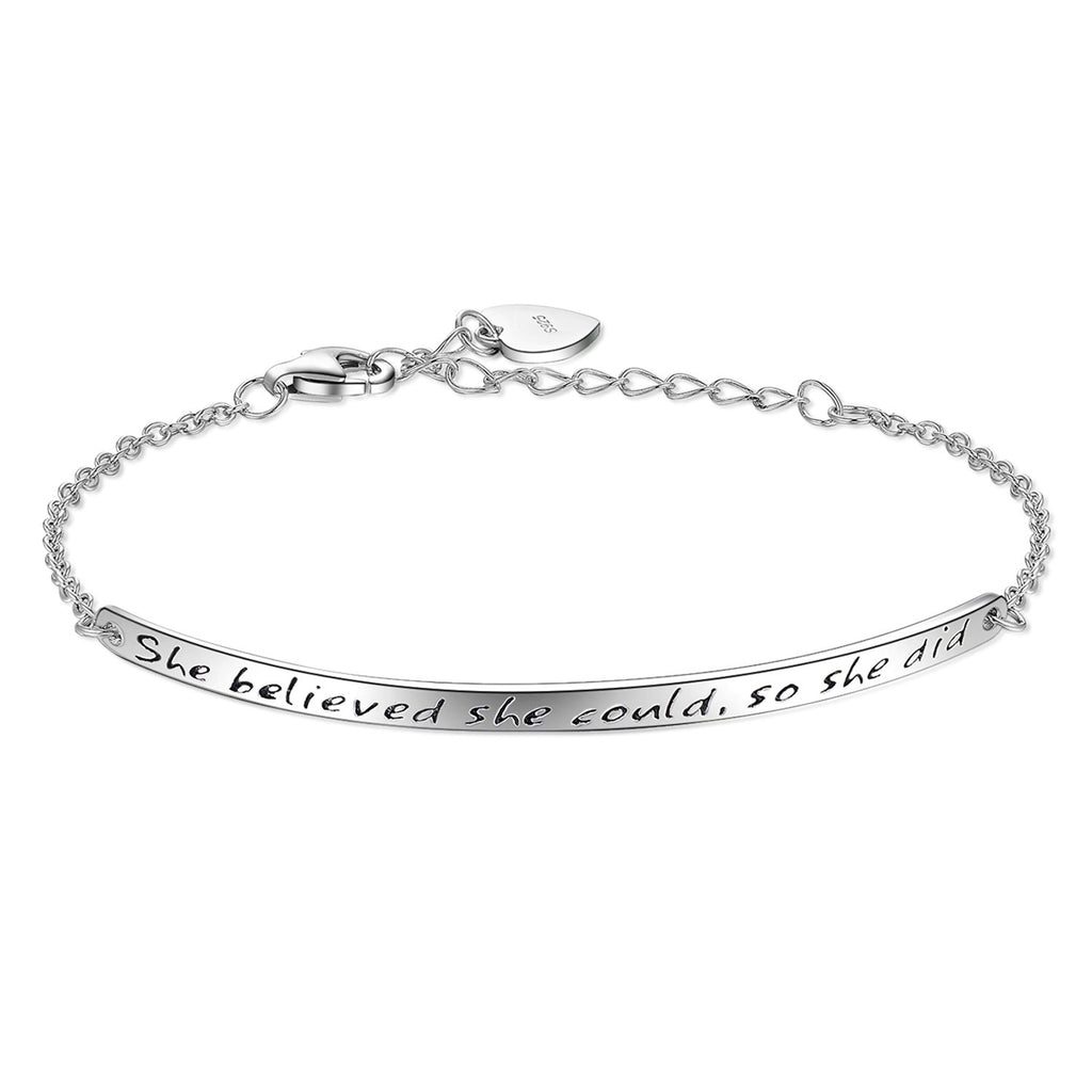 Billie Bijoux Graduation Gifts 925 Sterling Silver Women Engraved Inspirational Adjustable Bracelet “She Believed She Could So She Did” Friendship Gifts (A-silver)