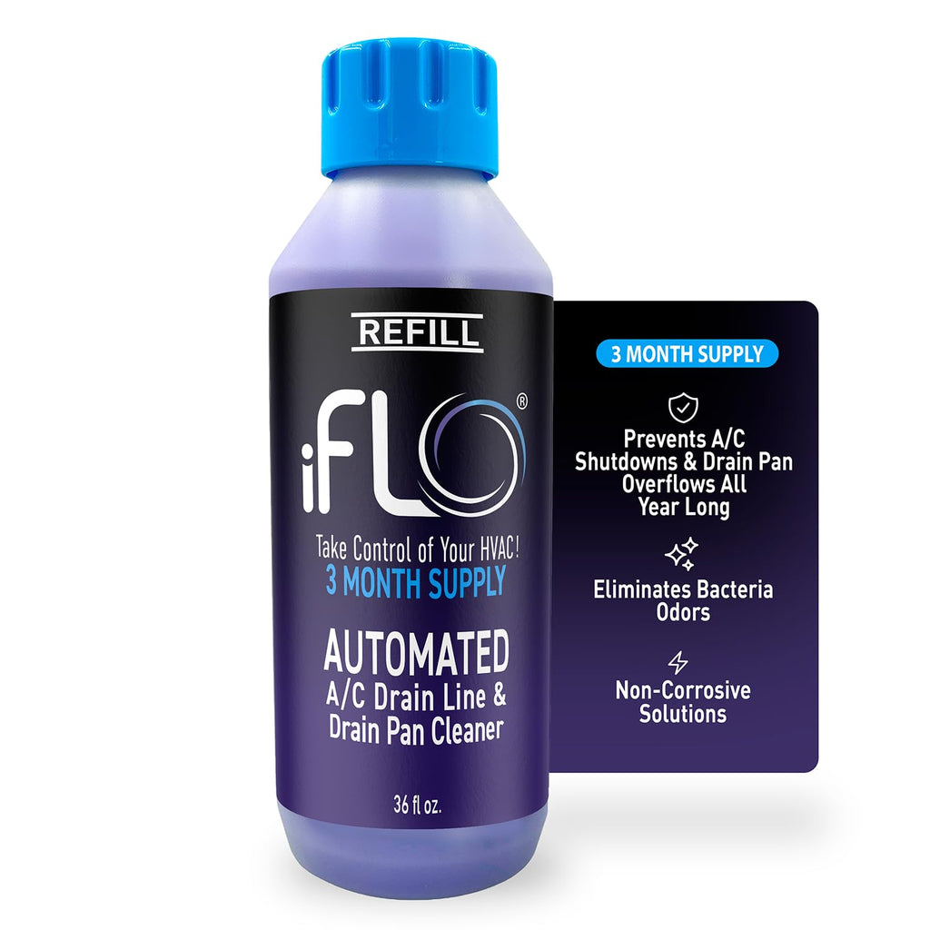 iFLO® Smart A/C Drain Line Cleaner and Drain Pan Cleaner Cartridge, Fast-Acting, Long-Lasting HVAC System Solution for Tough Clogs & Buildup, 3-Month Supply per Bottle, 1 Pack of 36oz
