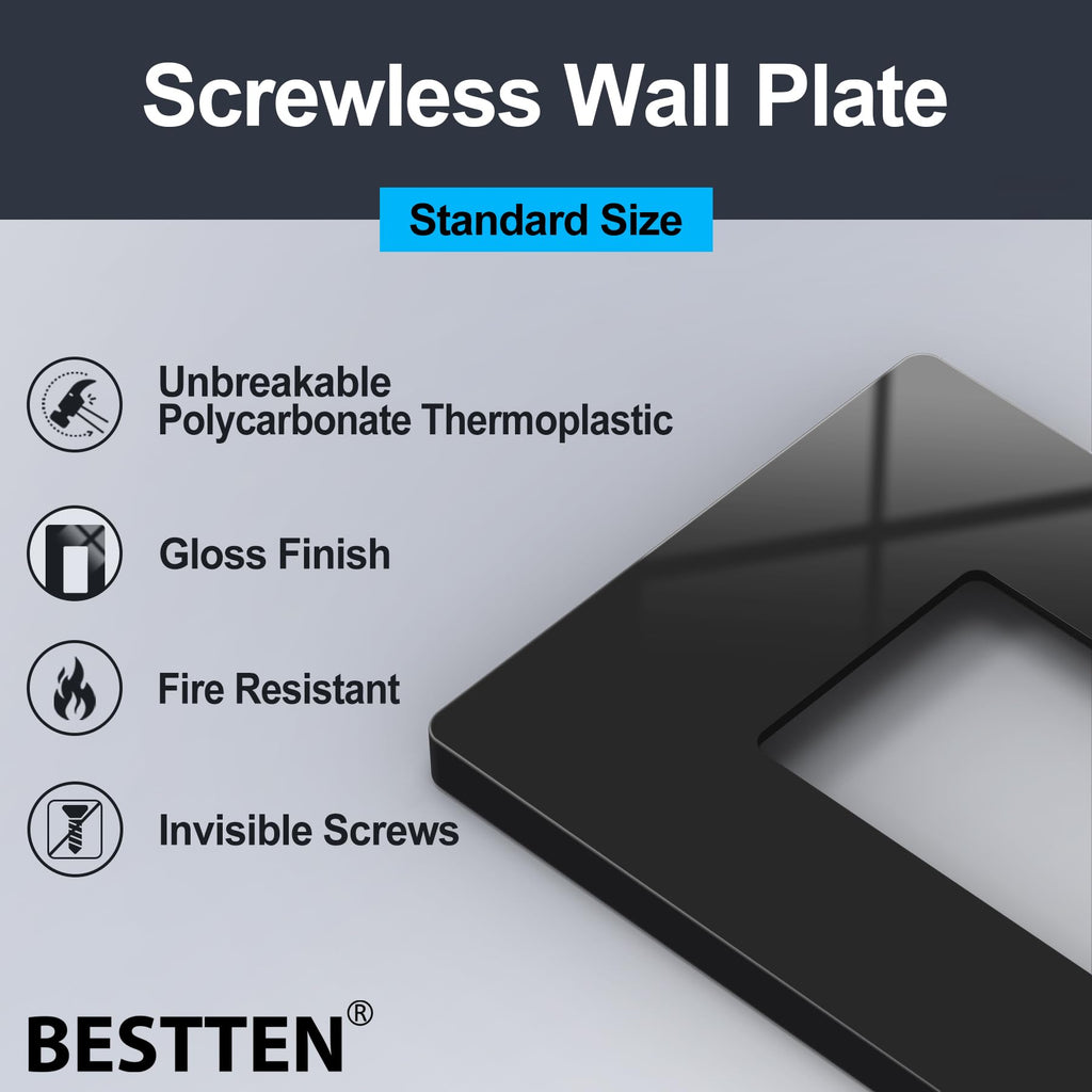 BESTTEN 20 Pack 1-Gang Black Screwless Wall Plate, Unbreakable Polycarbonate Outlet Cover, H4.69" x W2.91", for Light Switch, Dimmer, GFCI, USB Receptacle, Gloss