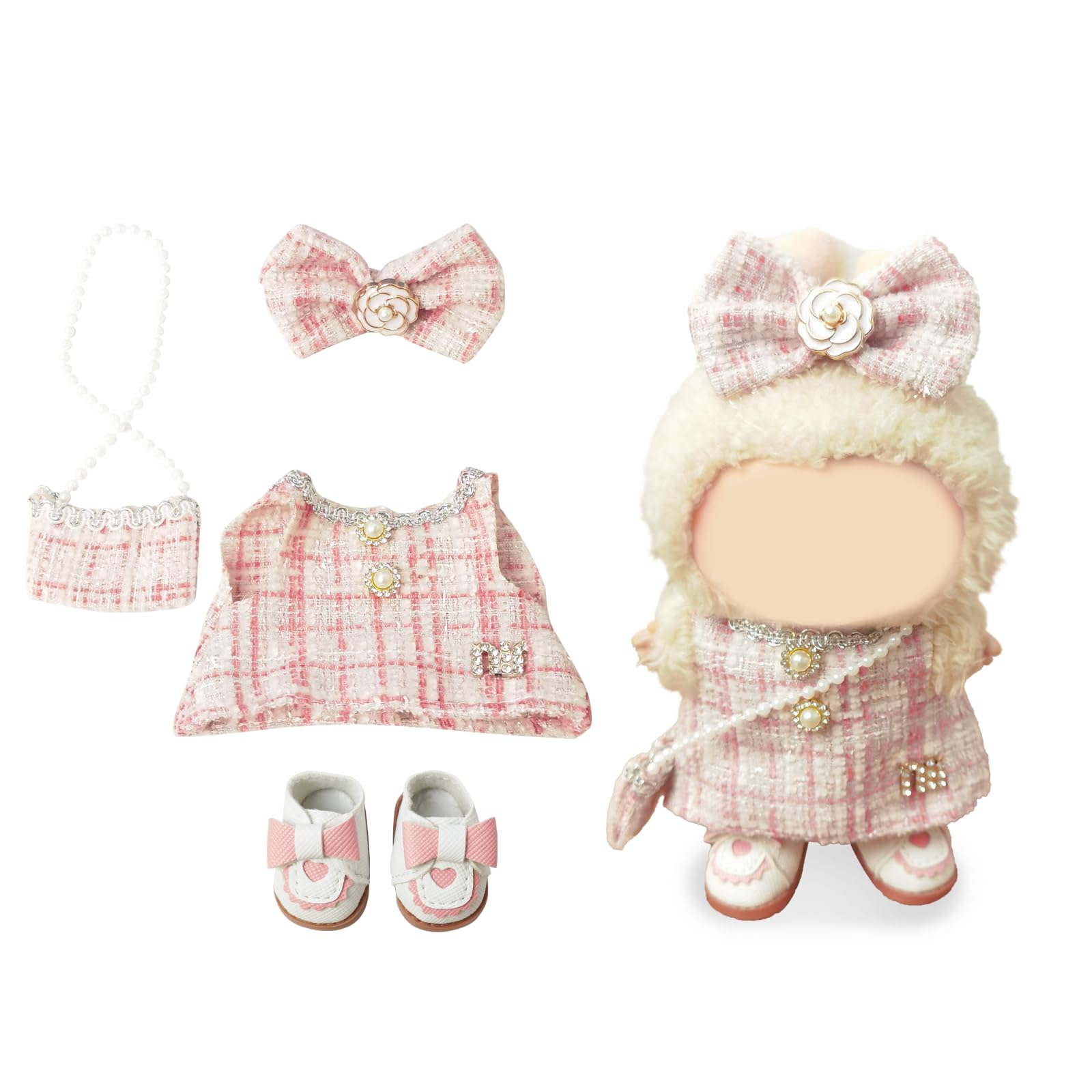 Clothes Compatible with LABUBU Doll – 4PCS Pink Tweed Charm Set, 17cm Doll Clothes Designer Outfit for Romantic Pastel Theme, Chic Stylish Accessories for Labubu, No Doll (Peachy Tweed Daydream)