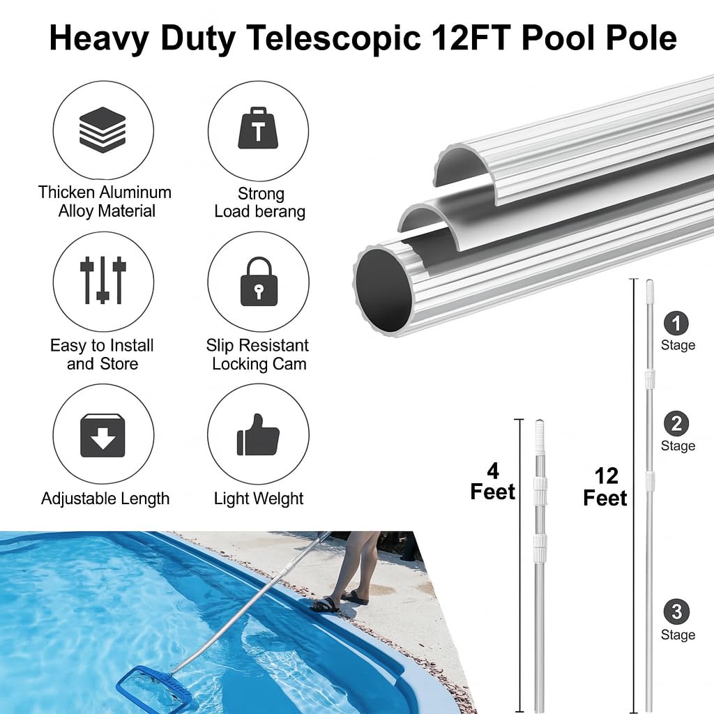 12 FT Pool Pole – Telescoping Aluminum 5/4" Diameter Pool Pole with Strong Grip & Lock - Heavy Duty 3-Piece Adjustable Design - Fits Any Skimmer, Brush, Vacuum Head