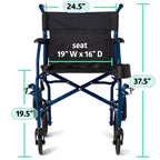Medline Ultra Lightweight Transport Wheelchair for Adults, Foldable, 19-Inch Seat Width, Blue Frame, Black Upholstery