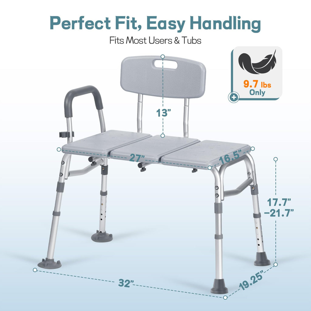 Tub Transfer Bench for Bathtub, Height Adjustable Shower Bench with Backrest, Shower Chair Bath Seat for Elderly, Seniors, Arm Support for Transfer-Gray