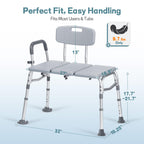 Tub Transfer Bench for Bathtub, Height Adjustable Shower Bench with Backrest, Shower Chair Bath Seat for Elderly, Seniors, Arm Support for Transfer-Gray