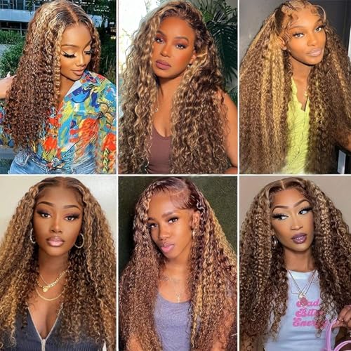 5x5 HD Lace Closure Wigs Human Hair Highlight Ombre 5x5 Deep Wave Closure Wig 180% Density P4/27 Wet And Wavy Lace Front Wigs for Black Women Glueless Honey Blonde Deep Curly Wig Human Hair 22 Inch