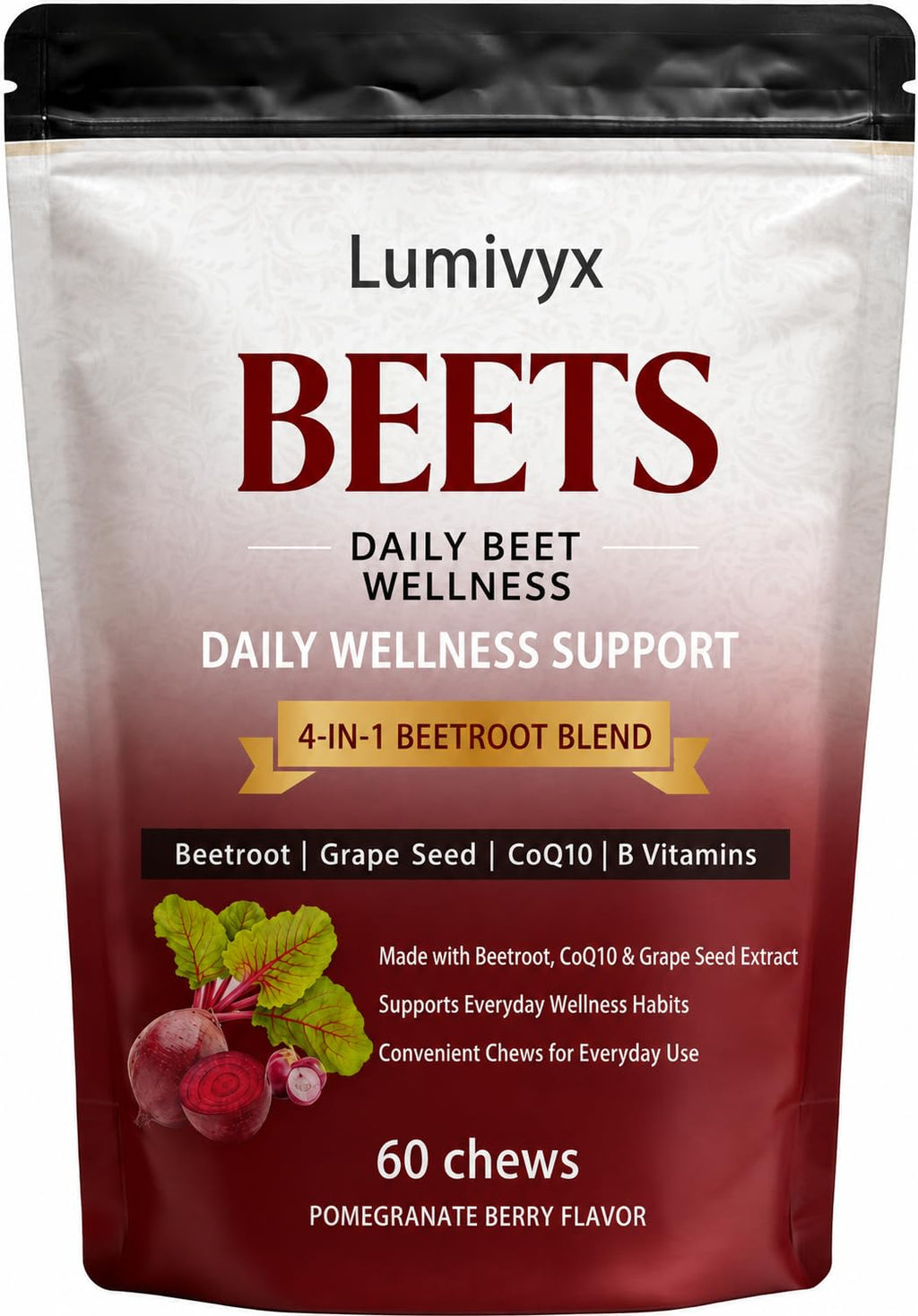 Lumivyx Beet Chews，Beetroot Blend with Beetroot, CoQ10 & Grape Seed Extract, Pomegranate Berry Flavor, 60 Count