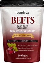 Lumivyx Beet Chews，Beetroot Blend with Beetroot, CoQ10 & Grape Seed Extract, Pomegranate Berry Flavor, 60 Count
