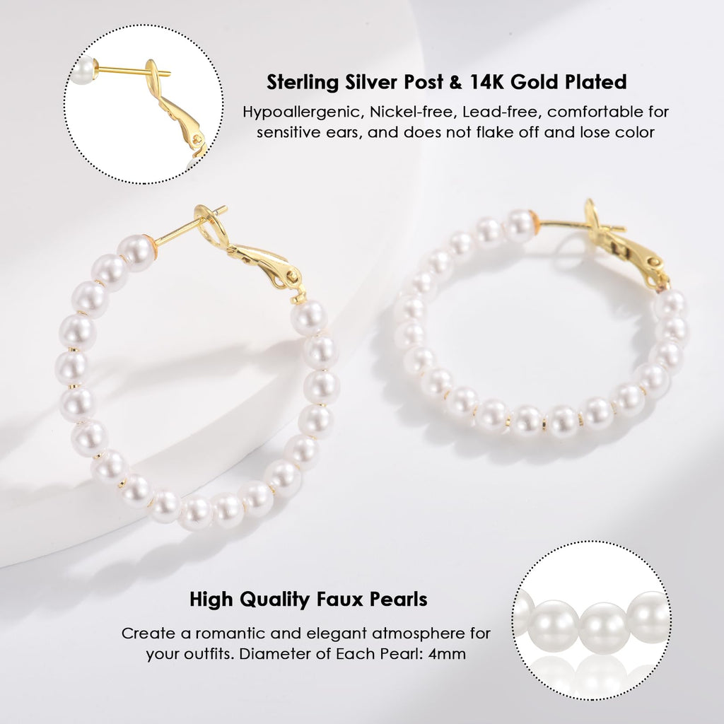 CERSLIMO Pearl Hoop Earrings for Women - 3 Pairs 14K Gold Plated Pearl Hoop Earrings Set, S925 Sterling Silver Post Big Large Hoops 4mm Pearl Earrings Jewelry Gifts 20/30/40mm