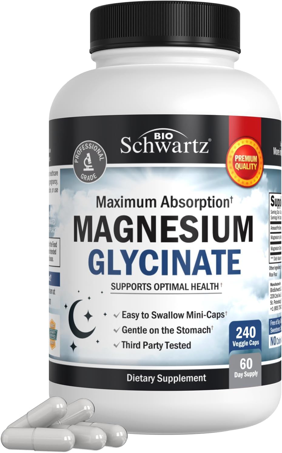 BioSchwartz Magnesium Glycinate 500mg Capsules (240 Mini Caps) Maximum Absorption Magnesium Supplement for Healthy Nerves Muscles Heart Mood and Sleep Support (Vegan, Gluten-Free, Non-GMO)