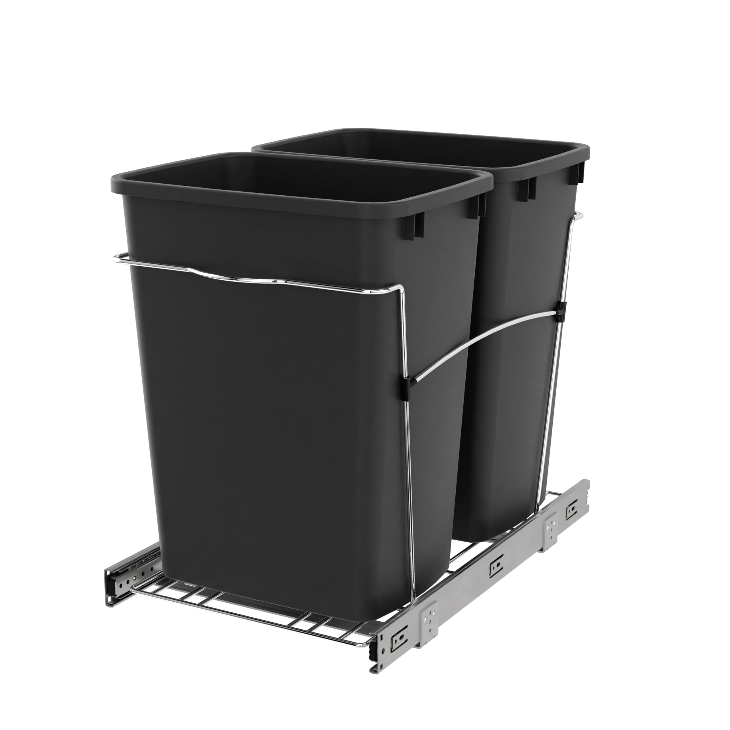 Rev-A-Shelf Double 35 Qt Pullout Trash Can for Base Kitchen Cabinets, Garbage Waste Bin System with Full-Extension Slides, Min Opening Width of 14.5", Black, RV-18KD-18C S