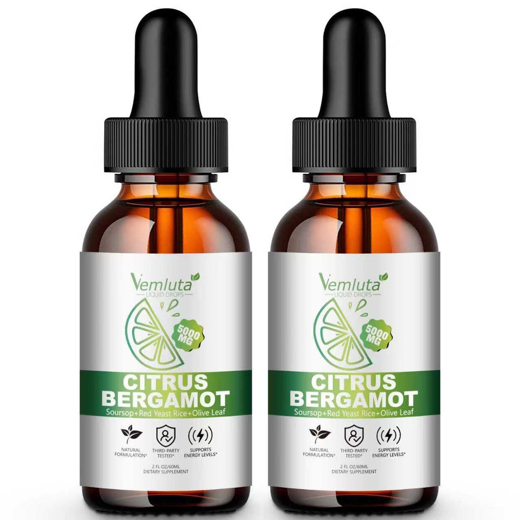 2 Packs 5000mg Citrus Bergamot Liquid Drops-2X Absorption- Cholesterol Lowering Supplement w Soursop, Red Yeast Rice, Olive Leaf, Hight Cholesterol -Soursop Bitters Liquid-Heart & Immune Support