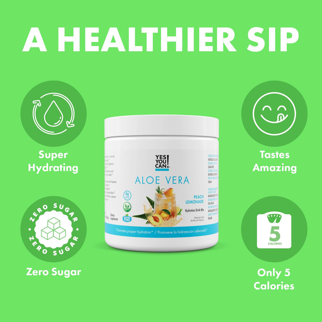 Yes You Can! Aloe Vera Powder Drink Mix - Hydration Booster Infused with Pure Organic Aloe Vera Extract - Delicious Flavors - Made in USA - Antioxidant Rich - Peach Lemonade Flavor - 40 Servings Per Canister (4 Pack)
